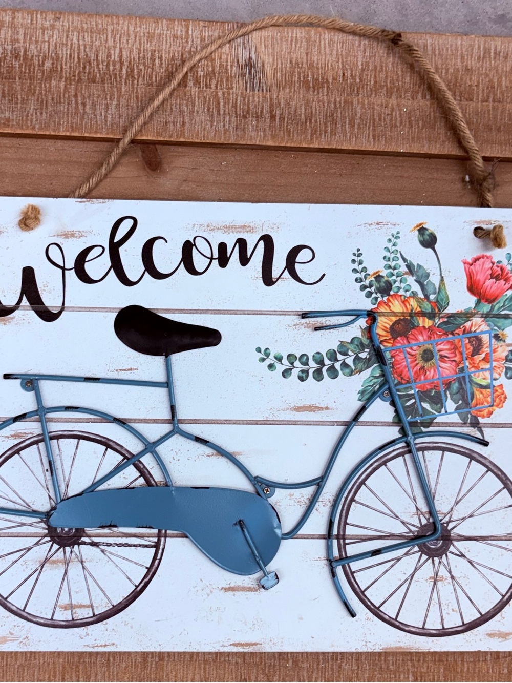 Welcome Bicycle Wall Hanging with Floral Basket - Blue and Coral